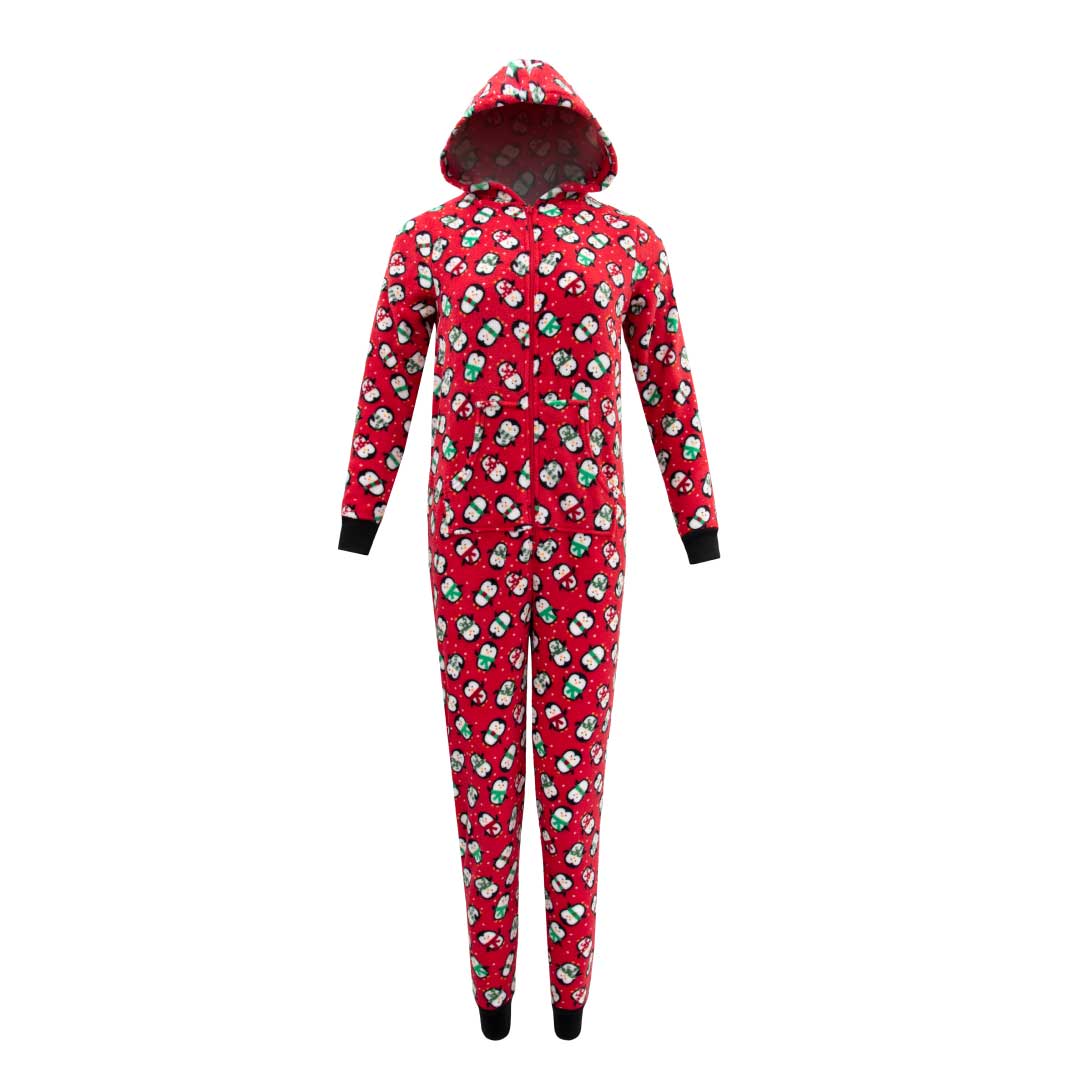 René Rofé Hooded Plush Pajama Jumpsuit (Zip Up Onesie) in Red with Penguins print