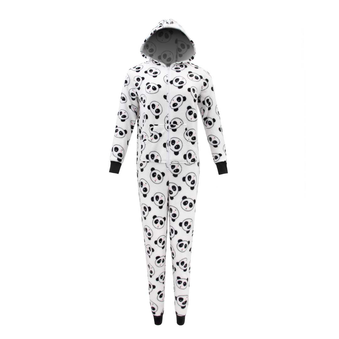 René Rofé Hooded Plush Pajama Jumpsuit (Zip Up Onesie) in White with Pandas print