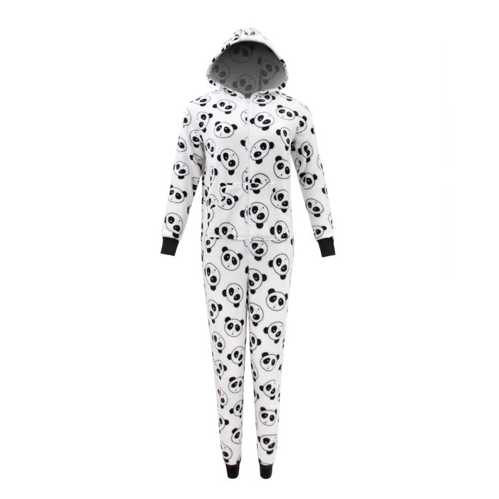René Rofé Hooded Plush Pajama Jumpsuit (Zip Up Onesie) in White with Pandas print