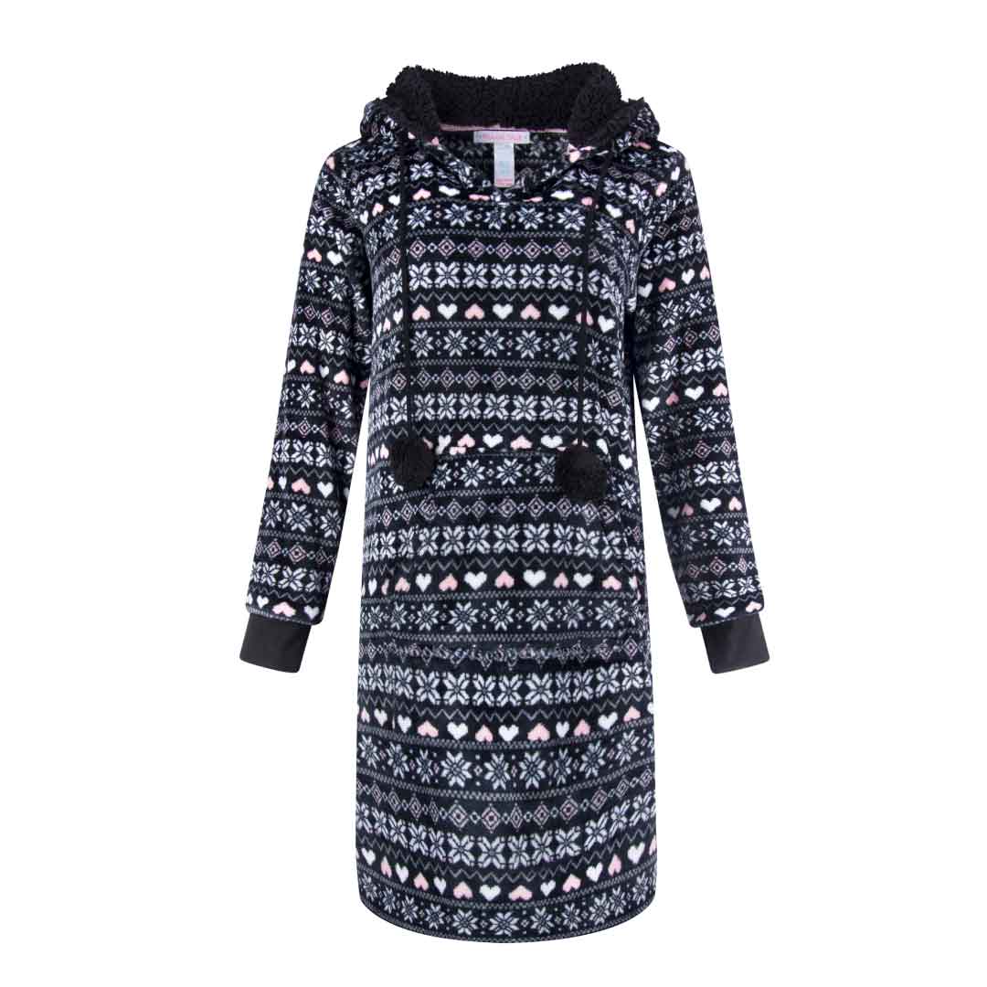 René Rofé Hoodie Fleece Pajama Sleepshirt Nightgown with Pom Poms in Black Aran Pattern