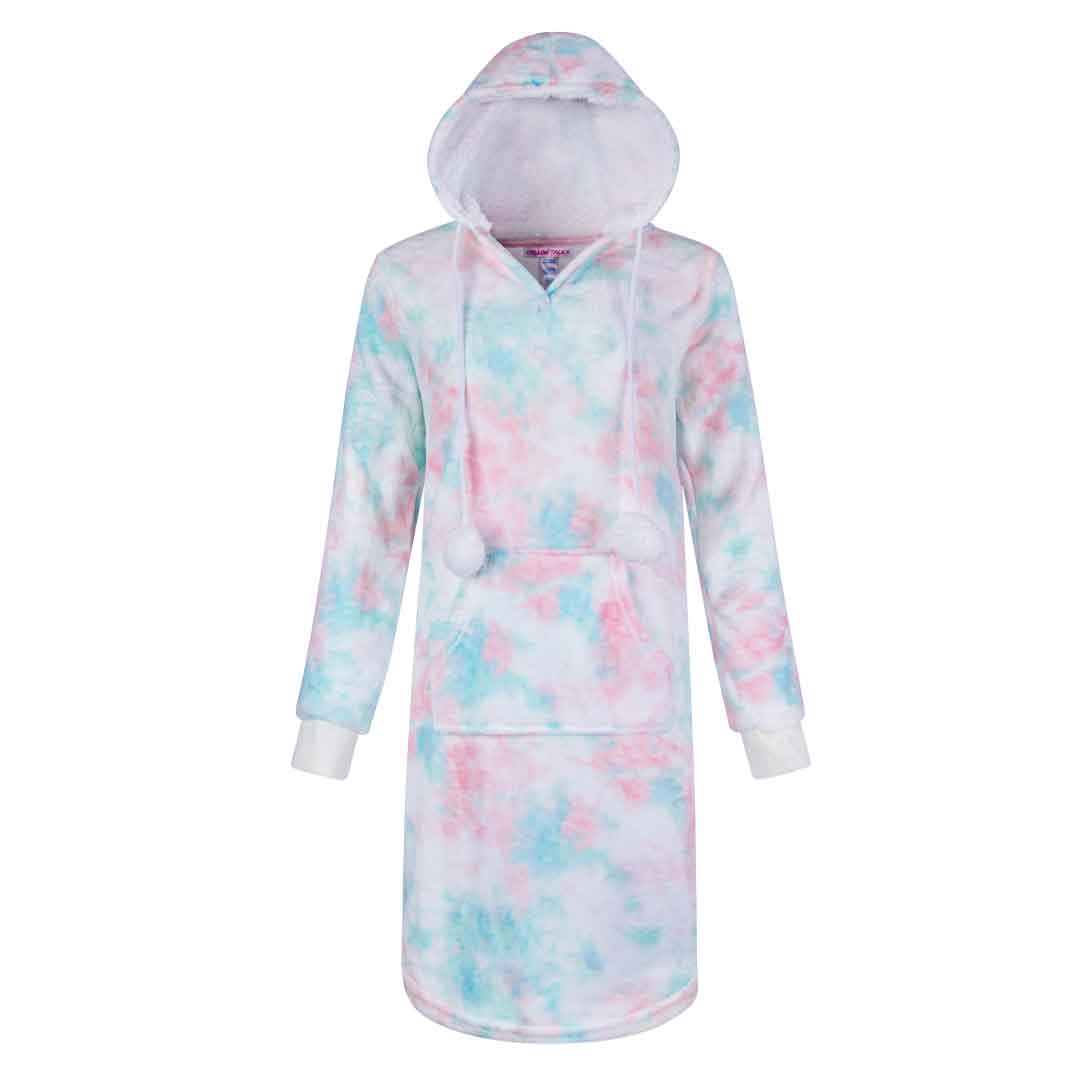 René Rofé Hoodie Fleece Pajama Sleepshirt Nightgown with Pom Poms in Blue and Pink Tie Dye