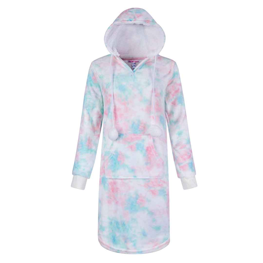 René Rofé Hoodie Fleece Pajama Sleepshirt Nightgown With Pom Poms