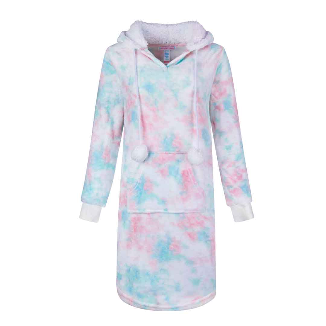 René Rofé Hoodie Fleece Pajama Sleepshirt Nightgown With Pom Poms
