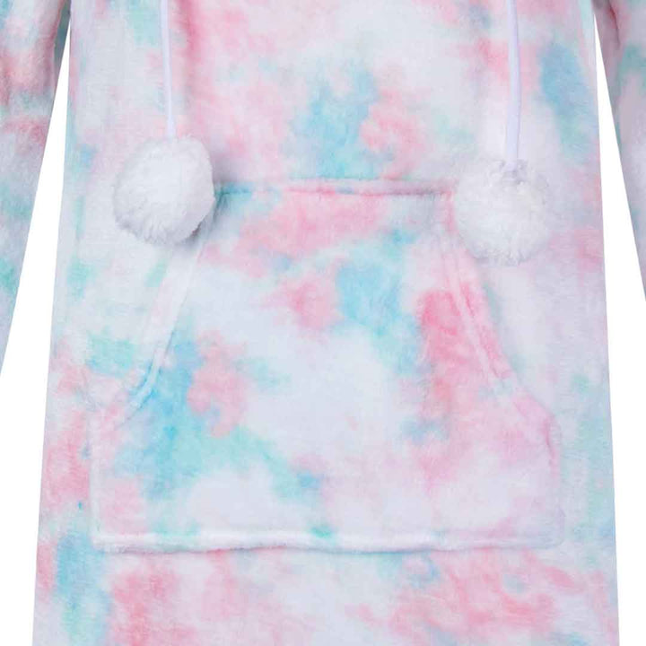 René Rofé Hoodie Fleece Pajama Sleepshirt Nightgown with Pom Poms in Blue and Pink Tie Dye
