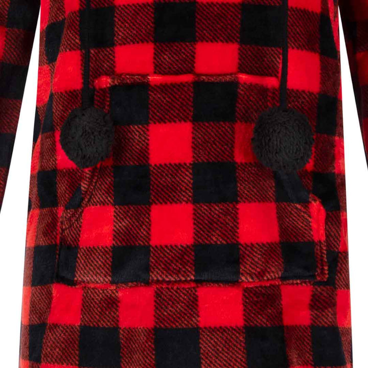 René Rofé Hoodie Fleece Pajama Sleepshirt Nightgown with Pom Poms in Red and Black Checkered Print