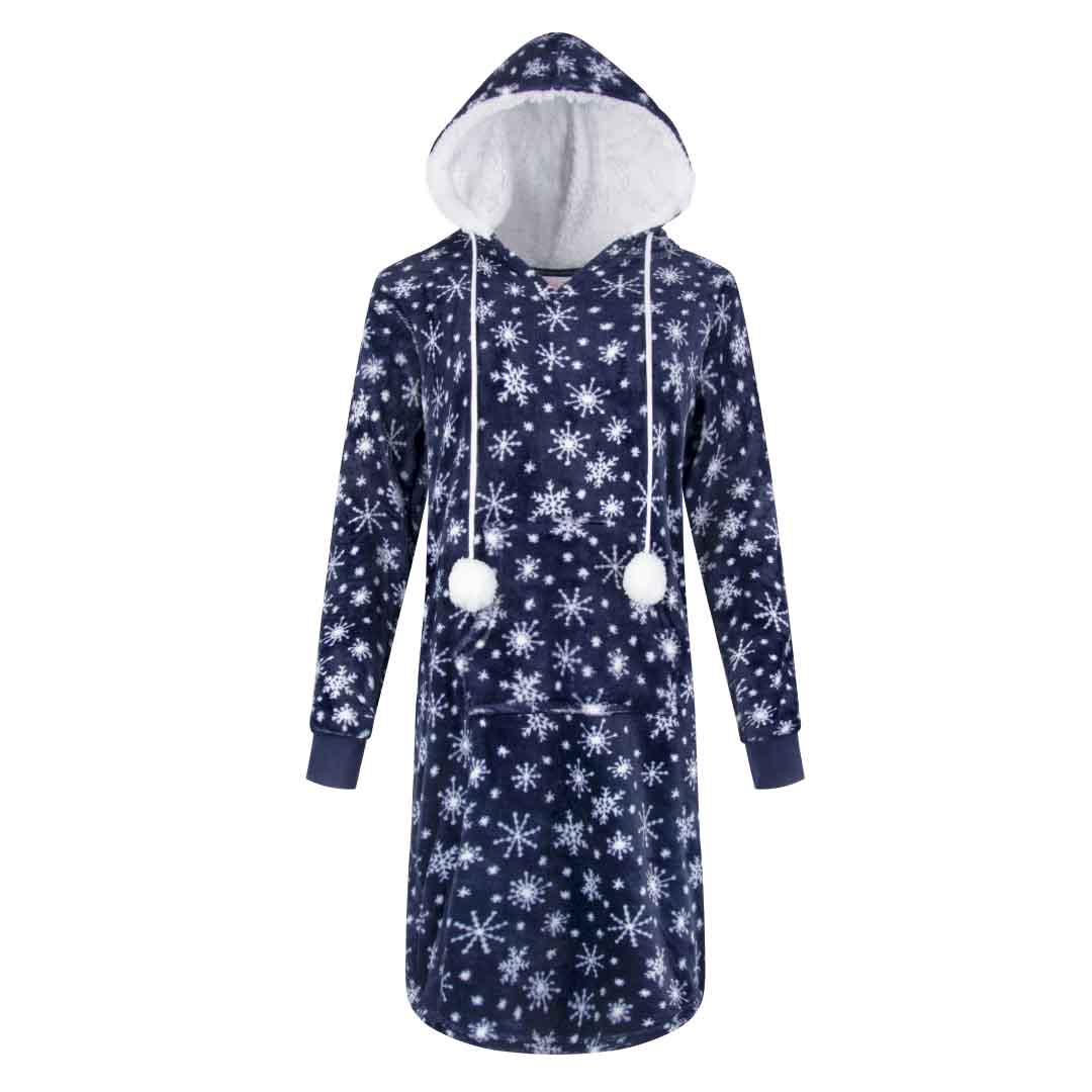 René Rofé Hoodie Fleece Pajama Sleepshirt Nightgown With Pom Poms