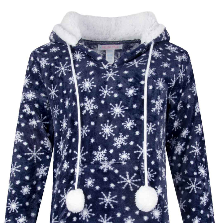 René Rofé Hoodie Fleece Pajama Sleepshirt Nightgown with Pom Poms in Snow Flakes pattern