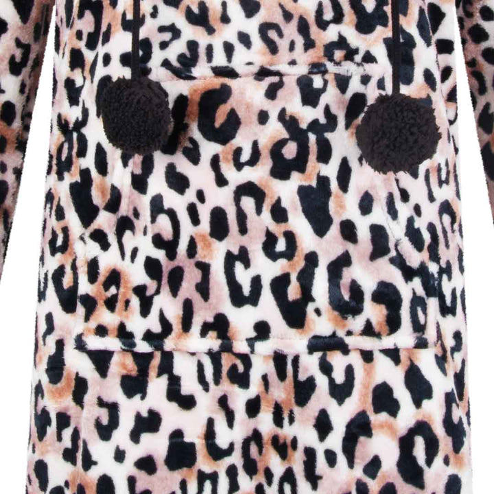 René Rofé Hoodie Fleece Pajama Sleepshirt Nightgown with Pom Poms in White and Black Cheetah Print
