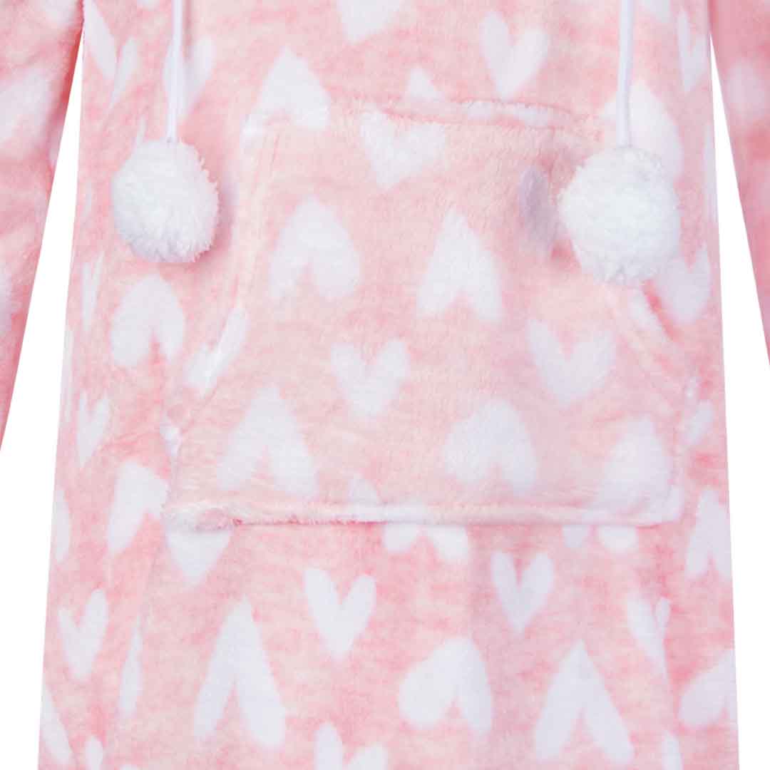 René Rofé Hoodie Fleece Pajama Sleepshirt Nightgown with Pom Poms in White Hearts Pattern