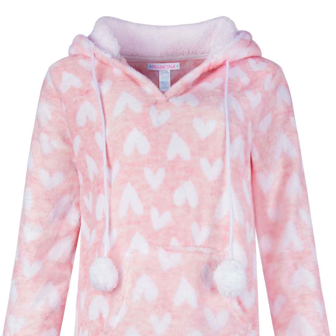 René Rofé Hoodie Fleece Pajama Sleepshirt Nightgown With Pom Poms