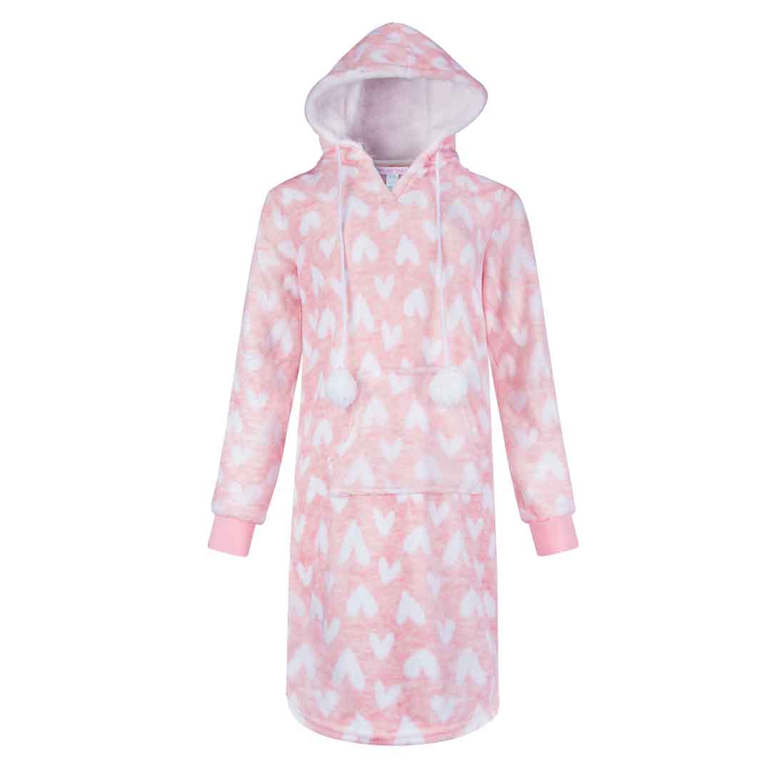 René Rofé Hoodie Fleece Pajama Sleepshirt Nightgown With Pom Poms