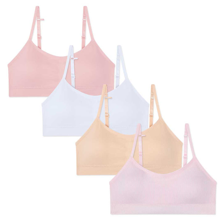 René Rofé Nylon Spandex Girls Padded Training Bras - 4 Pack with Pink, White, Beige and Stripped White and Pink