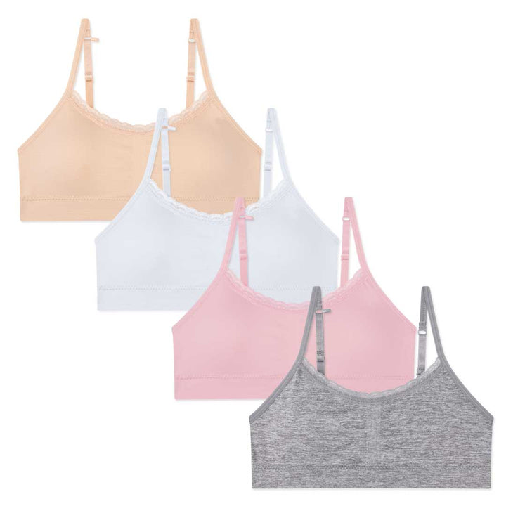 René Rofé Nylon Spandex Girls Padded Training Bras - 4 Pack with Lace Grey, Beige, White and Powder Pink