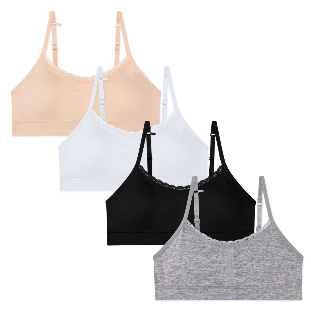 René Rofé Nylon Spandex Girls Padded Training Bras - 4 Pack with Lace Beige, White, Black and Grey