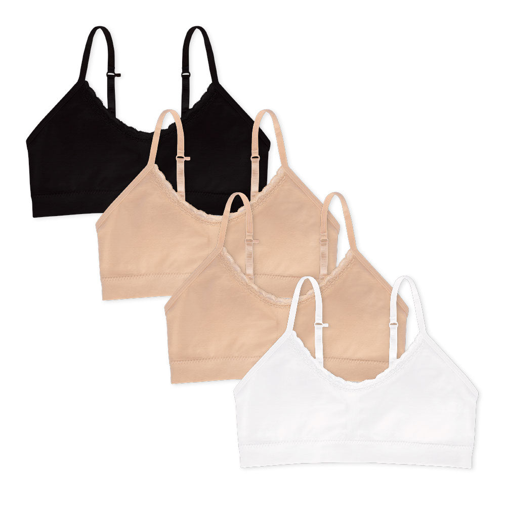 René Rofé Nylon Spandex Girls Padded Training Bras - 4 Pack with Lace Black, Beige and White bras