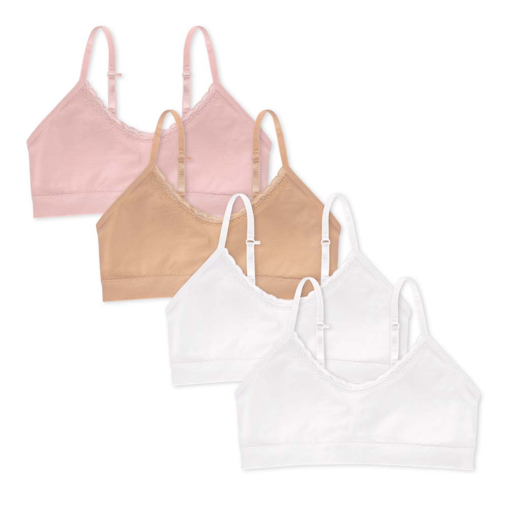 René Rofé Nylon Spandex Girls Padded Training Bras - 4 Pack with Lace Pink, Beige and White bras