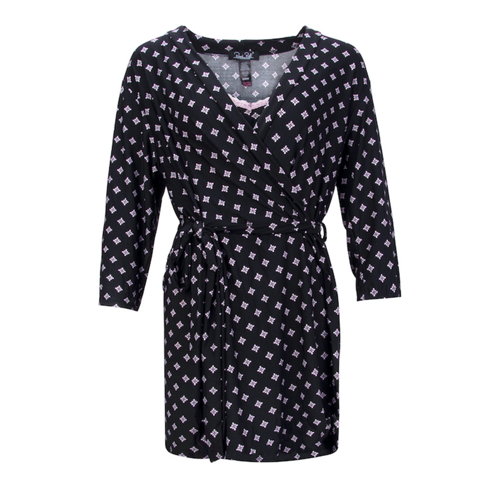 Black print robe and chemise as a part of the René Rofé 2 Pack Robe & Chemise Sleep Set