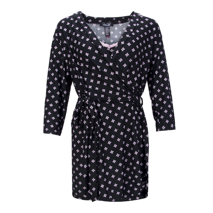 Black print robe and chemise as a part of the René Rofé 2 Pack Robe & Chemise Sleep Set
