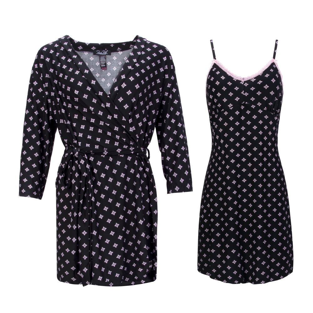 René Rofé 2 Pack Robe & Chemise Sleep Set in Black print