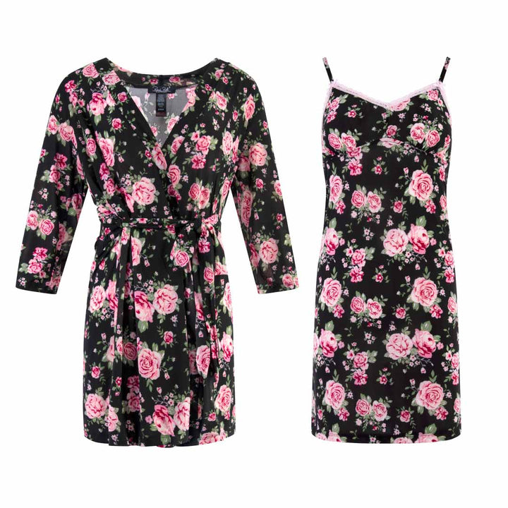 René Rofé Robe and Chemise Set in Black and Rose print
