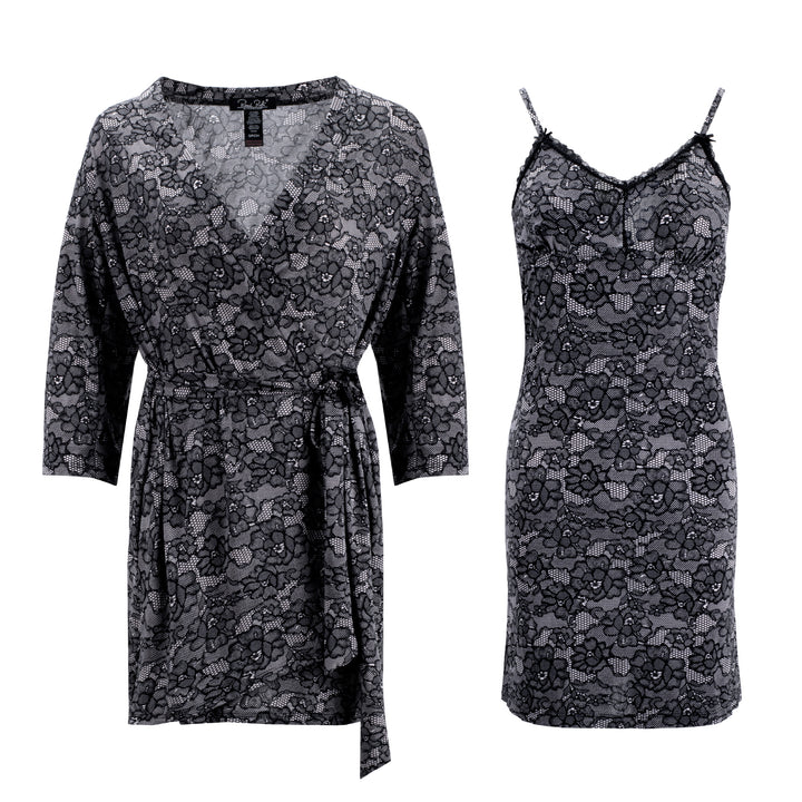 René Rofé 2 Pack Robe & Chemise Sleep Set in Black Lace print