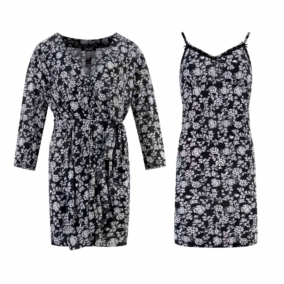 René Rofé 2 Pack Robe & Chemise Sleep Set in Floral Black and White print
