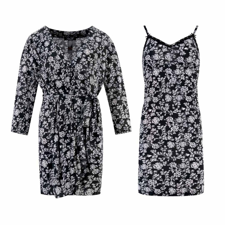 René Rofé 2 Pack Robe & Chemise Sleep Set in Floral Black and White print