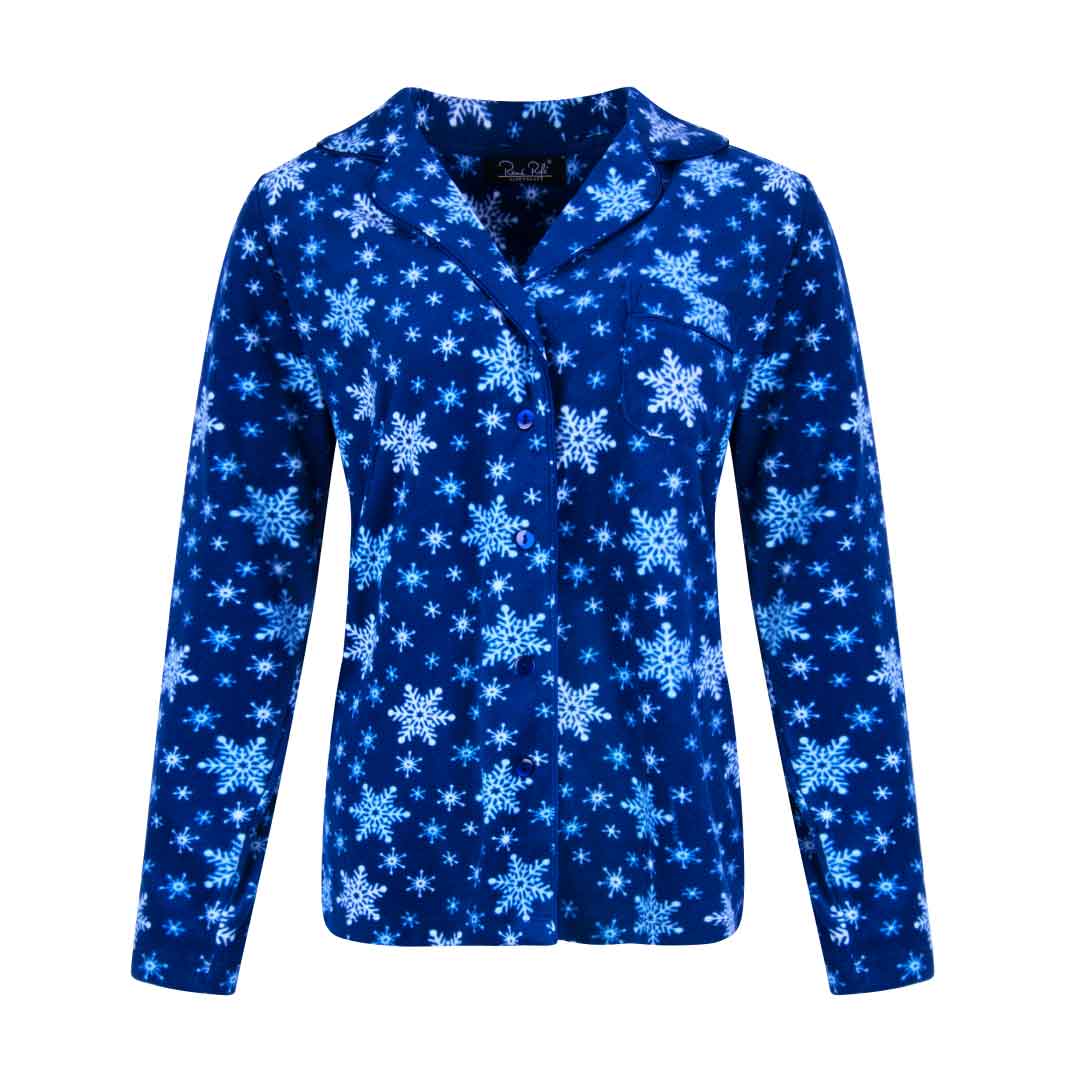 Blue Snow Flakes Print Top as a part of the René Rofé Women's Microfleece Button-Up Pajama Gift Set with Notch Collar set