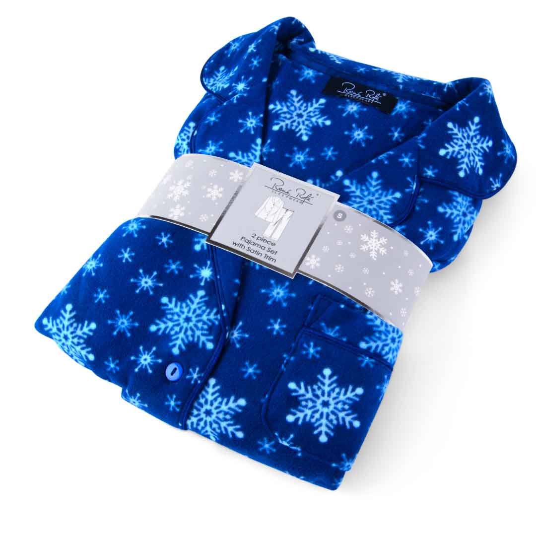 Gift wrapped Blue Snow Flakes patterned Women's Microfleece Button-Up Pajama Gift Set with Notch Collar set by Renè Rofé