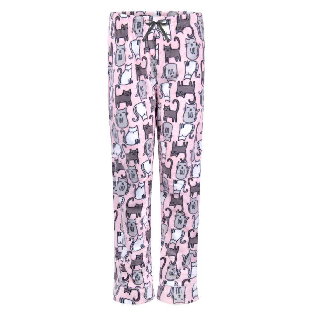 Grey and White Cats Print Pants as a part of the René Rofé Women's Microfleece Button-Up Pajama Gift Set with Notch Collar set