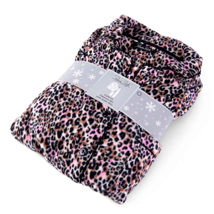 Gift wrapped Leopard print Women's Microfleece Button-Up Pajama Gift Set with Notch Collar set by Renè Rofé