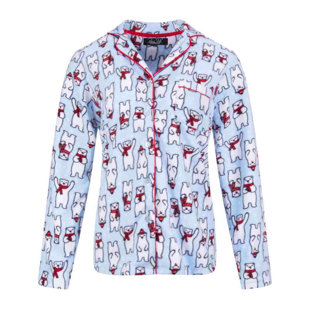 Polar Bears in Blue Print Top as a part of the René Rofé Women's Microfleece Button-Up Pajama Gift Set with Notch Collar set