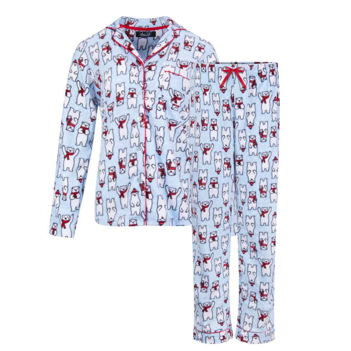 René Rofé Women's Microfleece Button-Up Pajama Gift Set with Notch Collar in Polar Bears in Blue Pattern