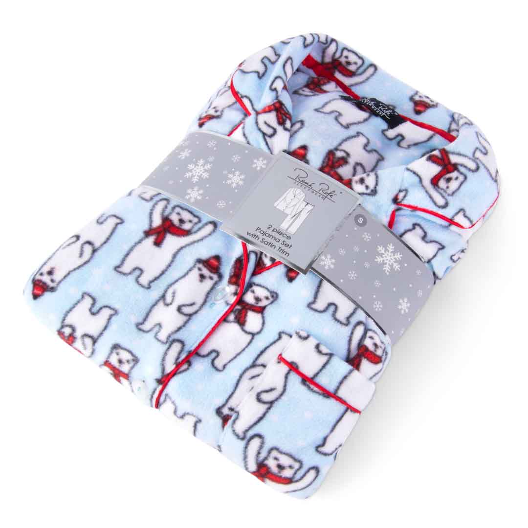 Gift wrapped Polar Bears in Blue patterned Women's Microfleece Button-Up Pajama Gift Set with Notch Collar set by Renè Rofé