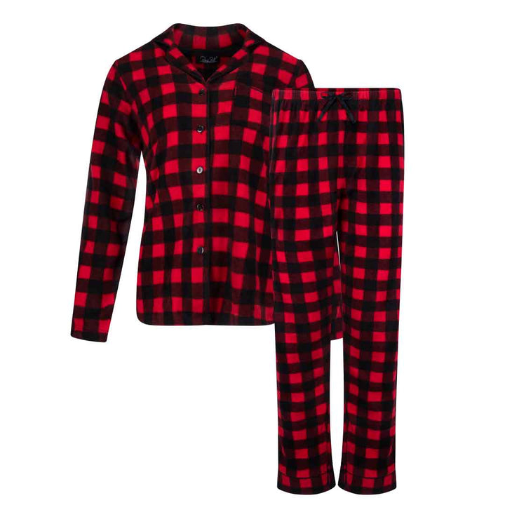 René Rofé Women's Microfleece Button-Up Pajama Gift Set with Notch Collar in Red and Black Checkered Print