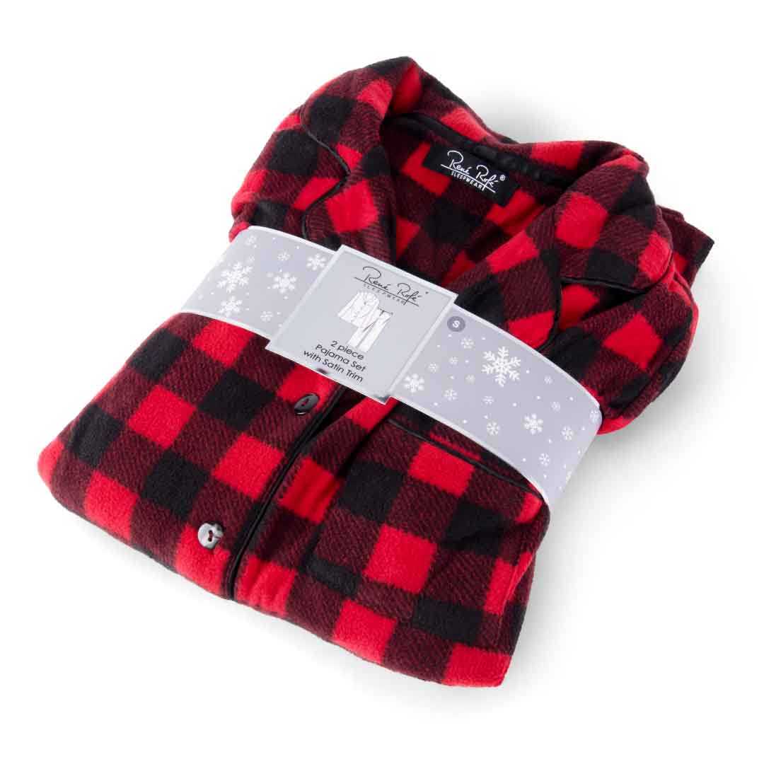 Gift wrapped Red and Black Checkered print Women's Microfleece Button-Up Pajama Gift Set with Notch Collar set by Renè Rofé
