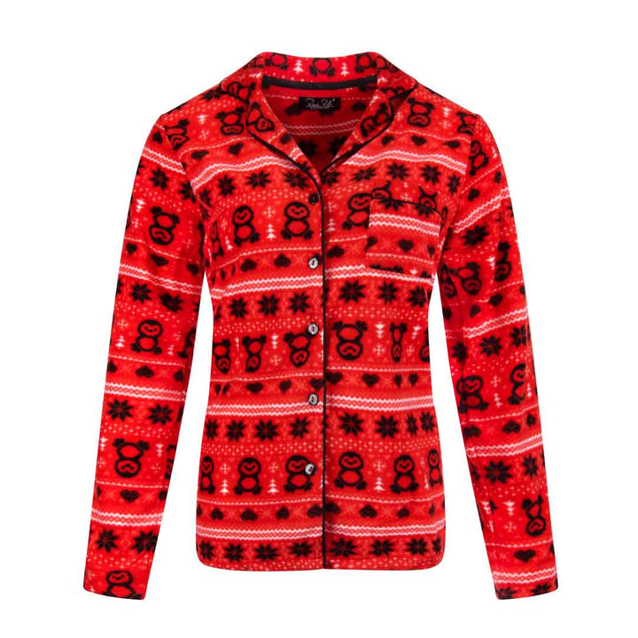 Red Penguins Print Top as a part of the René Rofé Women's Microfleece Button-Up Pajama Gift Set with Notch Collar set