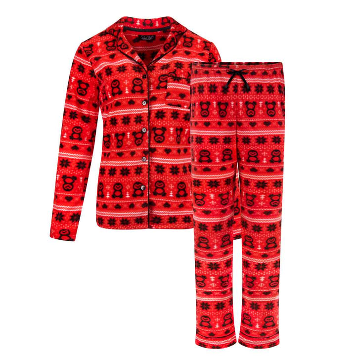 René Rofé Women's Microfleece Button-Up Pajama Gift Set with Notch Collar in Red Penguins Print