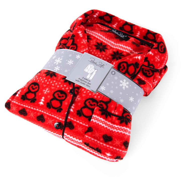 Gift wrapped Red Penguins patterned Women's Microfleece Button-Up Pajama Gift Set with Notch Collar set by Renè Rofé