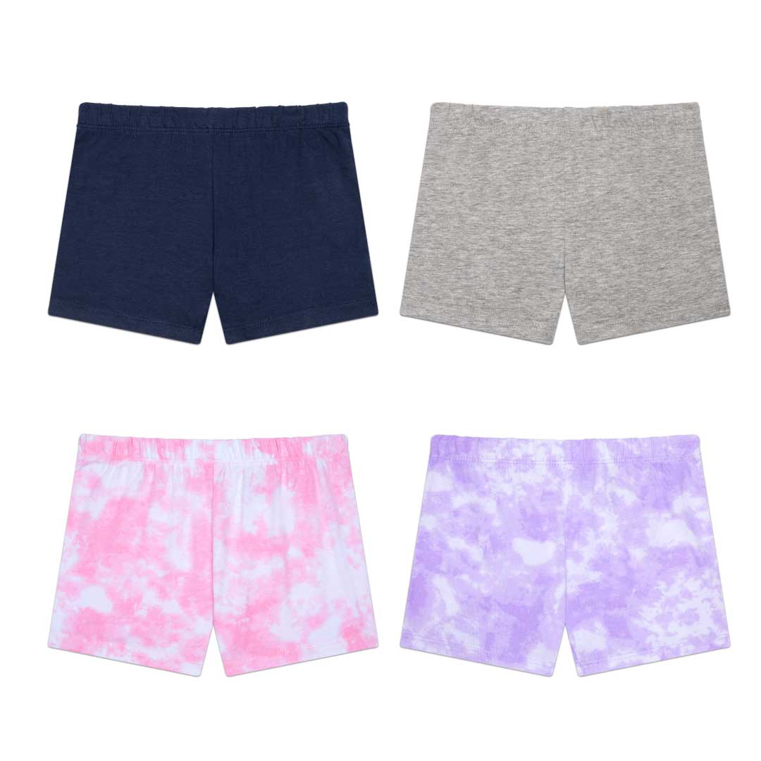 René Rofé Cotton Spandex Girl's Play Shorts - 4 Pack in Pink and Purple Tie-dye with Black and Grey pattern