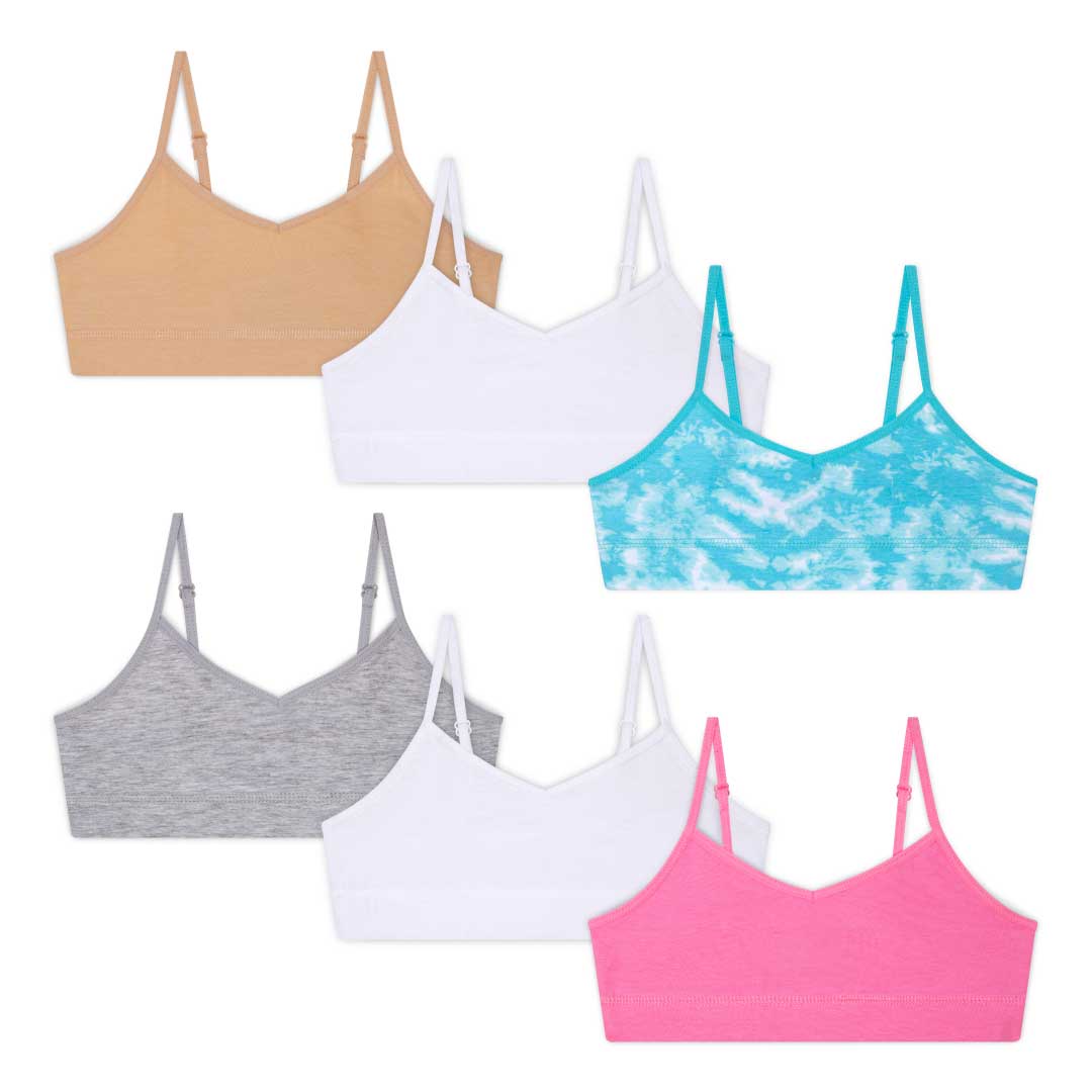 René Rofé Cotton Spandex Unpadded Training Bras - 6 Pack in Blue Tie-dye with Pink, Grey, Nude and White pattern