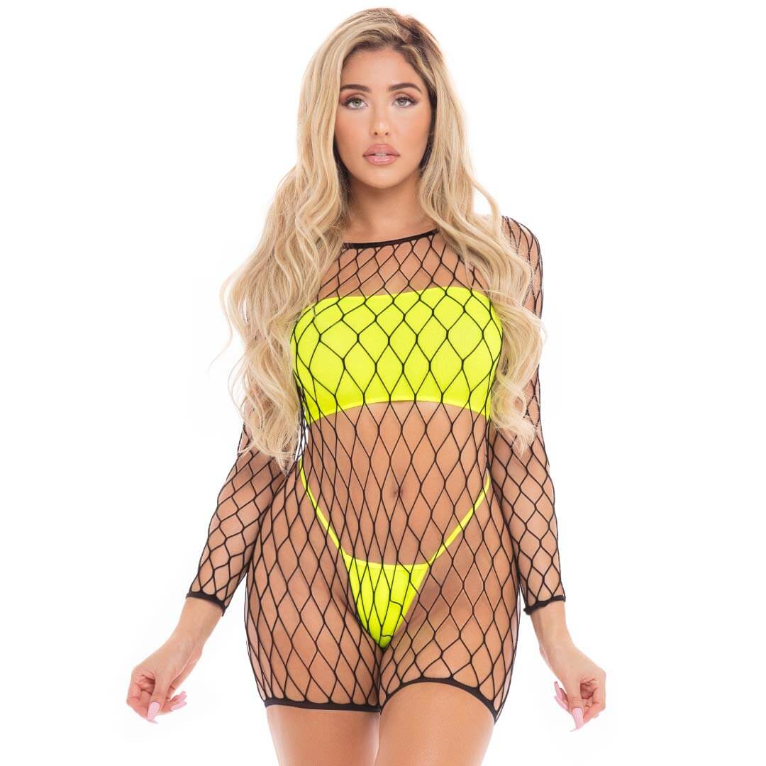 Model wearing the René Rofé Dance With Me 3-Piece Set in Neon Yellow