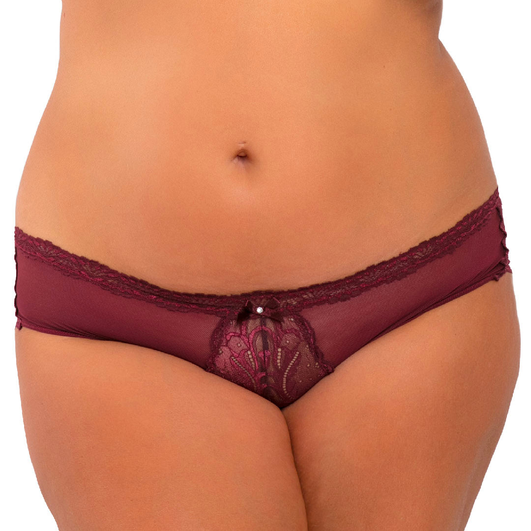 Close up of the René Rofé Dive Deep Open Back Panty X in Burgundy