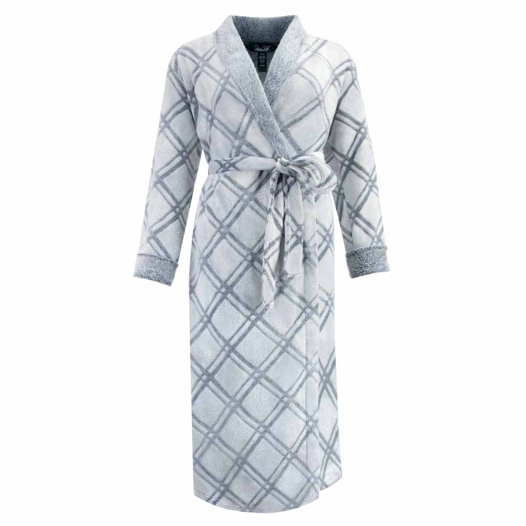 René Rofé Fleece Robe Set in Checkered Blue Grey