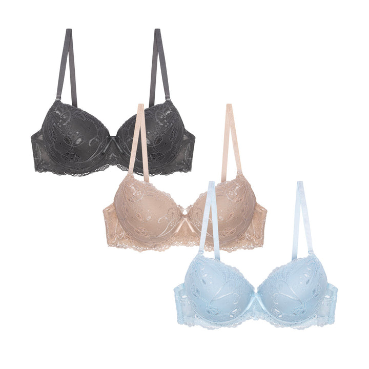 René Rofé Floral Lace Double Push Up Bra 3 Pack