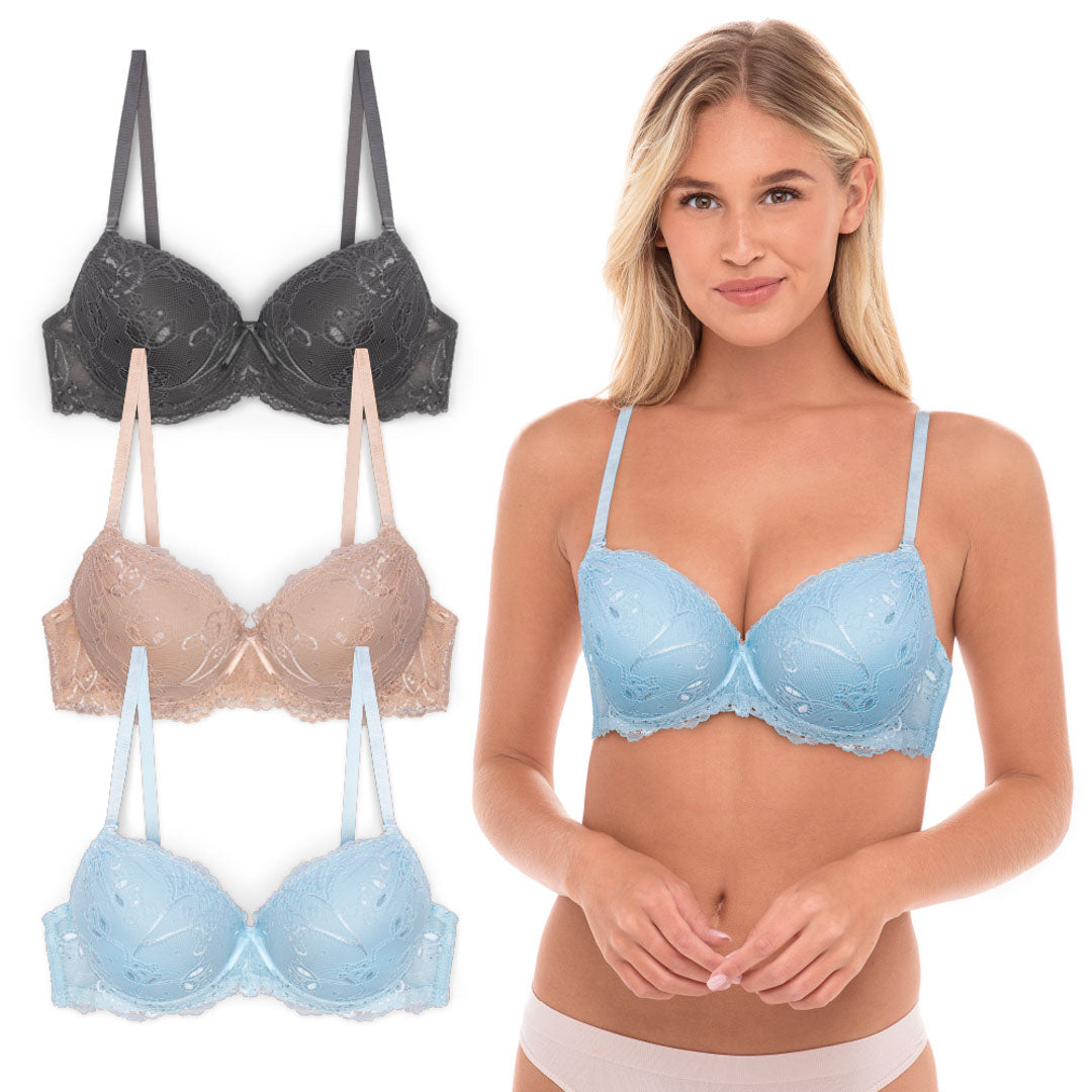 René Rofé Floral Lace Double Push Up Bra 3 Pack