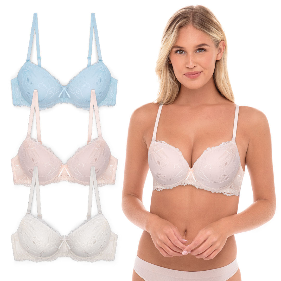 René Rofé Floral Lace Double Push Up Bra 3 Pack