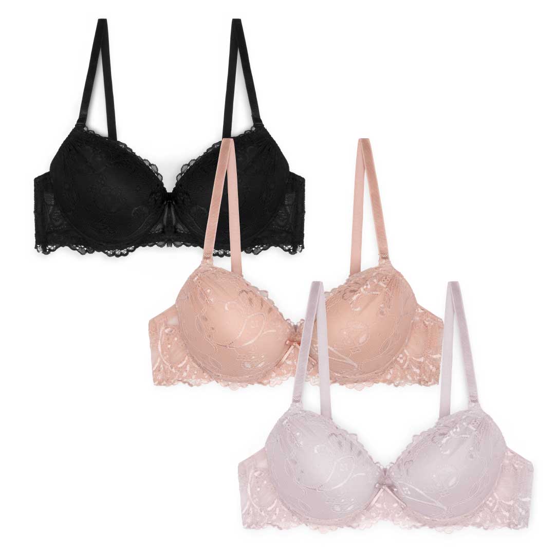 René Rofé Floral Lace Double Push Up Bra - 3 Pack with Black, Pearl White and Beige bras