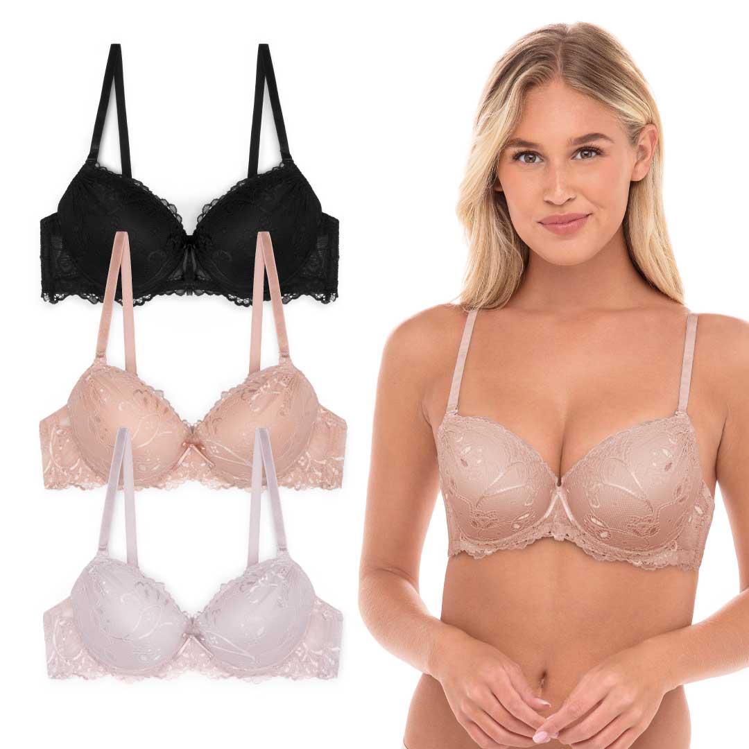 René Rofé Floral Lace Double Push Up Bra - 3 Pack with Black, Pearl White and Beige bras