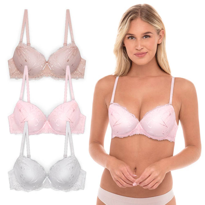 René Rofé Floral Lace Double Push Up Bra 3 Pack